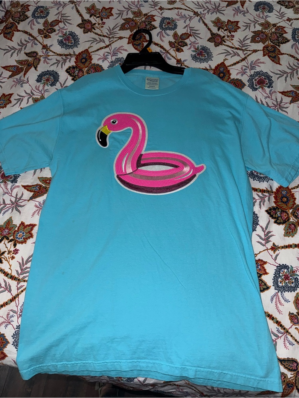 Short Sleeve Tee with Sequin Pink Flamingo Patch-